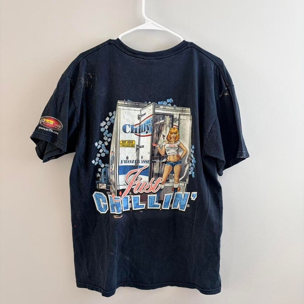 Vintage Just Chillin’ Trucker Graphic T-Shirt, Faded Black, Distressed